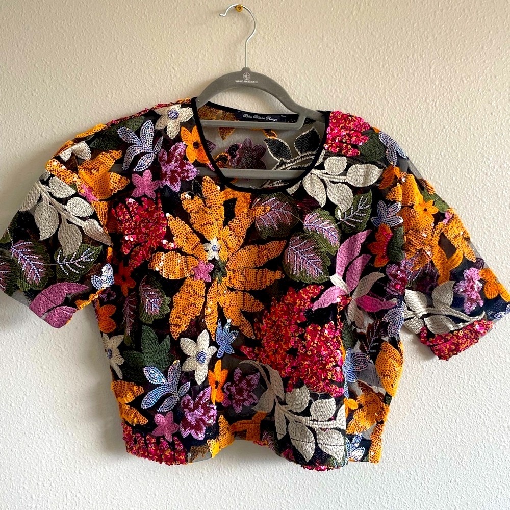 Bleu Blanc Rouge Floral Sequin Embroidered Top